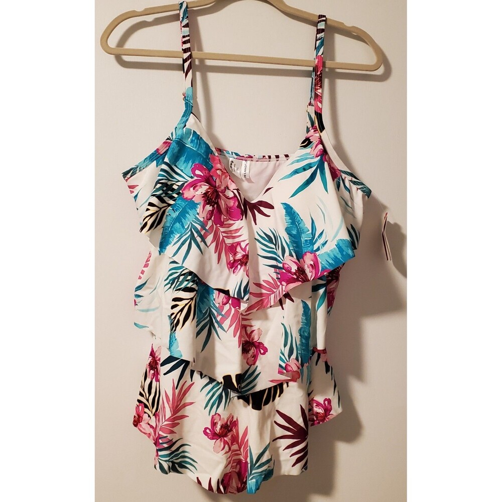 NWT St. John's Bay Tropical Floral Tiered Ruffle Tankini Swim Top Size 16